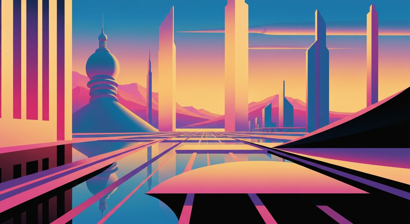 A bold, geometric illustration featuring sweeping, airbrushed gradients and towering, streamlined architectural forms, conceptually representing the challenges and disappointments of travel booking around major events.