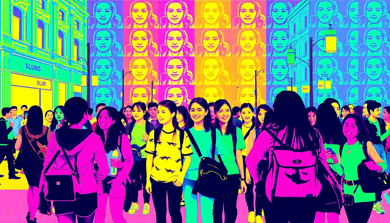 A vibrant, high-contrast silkscreen print depicting a grid of students in various cultural exchange settings, such as exploring a city street or performing on stage, rendered in a bold, pop art style with bright neon colors and heavy black outlines.