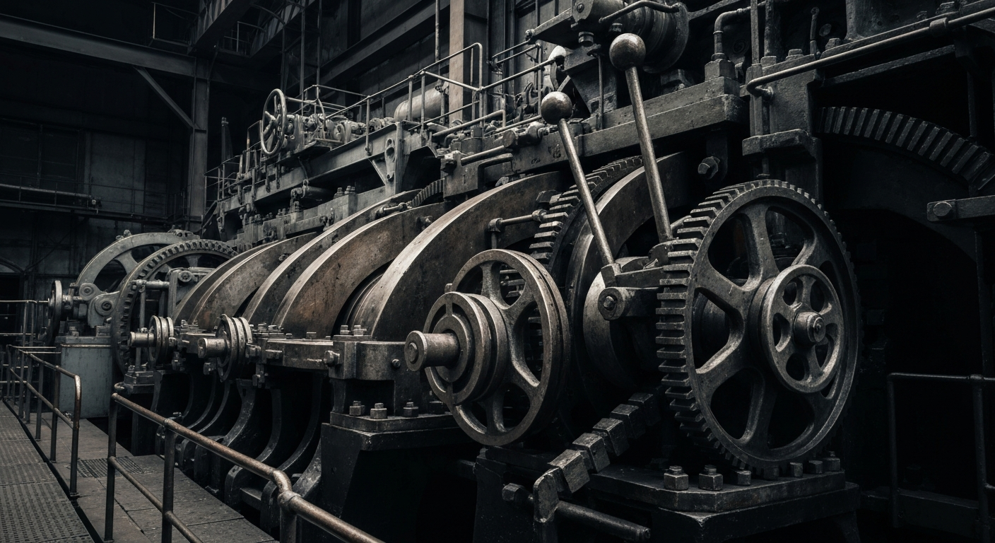 An extreme close-up of interlocking gears, levers, and other industrial components that make up the physical backbone of the banking system, conveying the scale and complexity of modern finance.