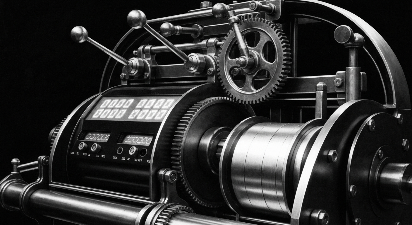A close-up of a complex, industrial-looking banking machine with gears, levers, and a glowing digital display, rendered in a high-contrast, black-and-white style that conveys the mechanical power and inner workings of the financial industry.