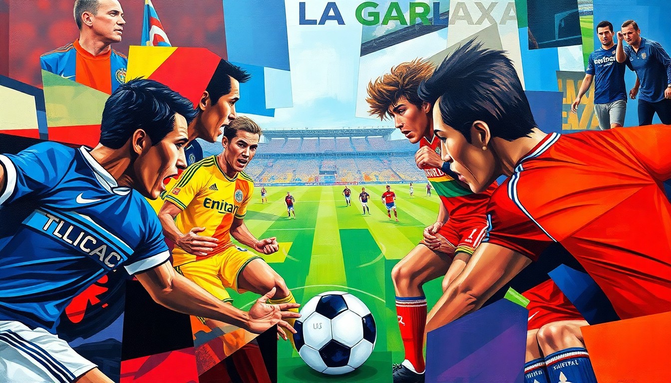 A fragmented, cubist-style painting depicting the dynamic action of a soccer match, with overlapping geometric shapes and planes in the team colors of Toluca FC and the LA Galaxy, capturing the energy and movement of the game.