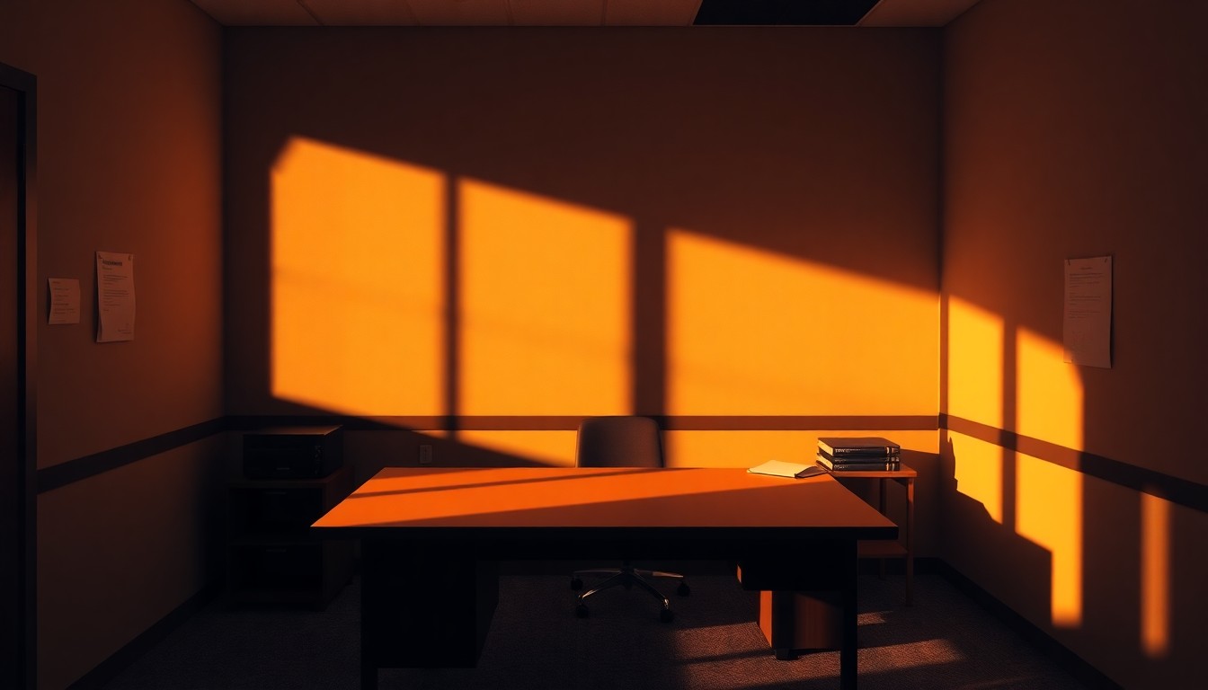 A dimly lit office desk with a computer monitor, papers, and a VA logo paperweight, conveying a sense of the administrative work involved in processing veterans' disability claims.