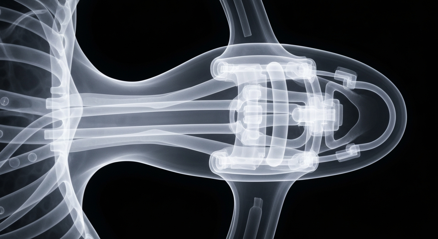 A ghostly, translucent X-ray image revealing the internal components of a wearable medical device, conceptually illustrating the advanced technology behind a new tremor therapy solution.
