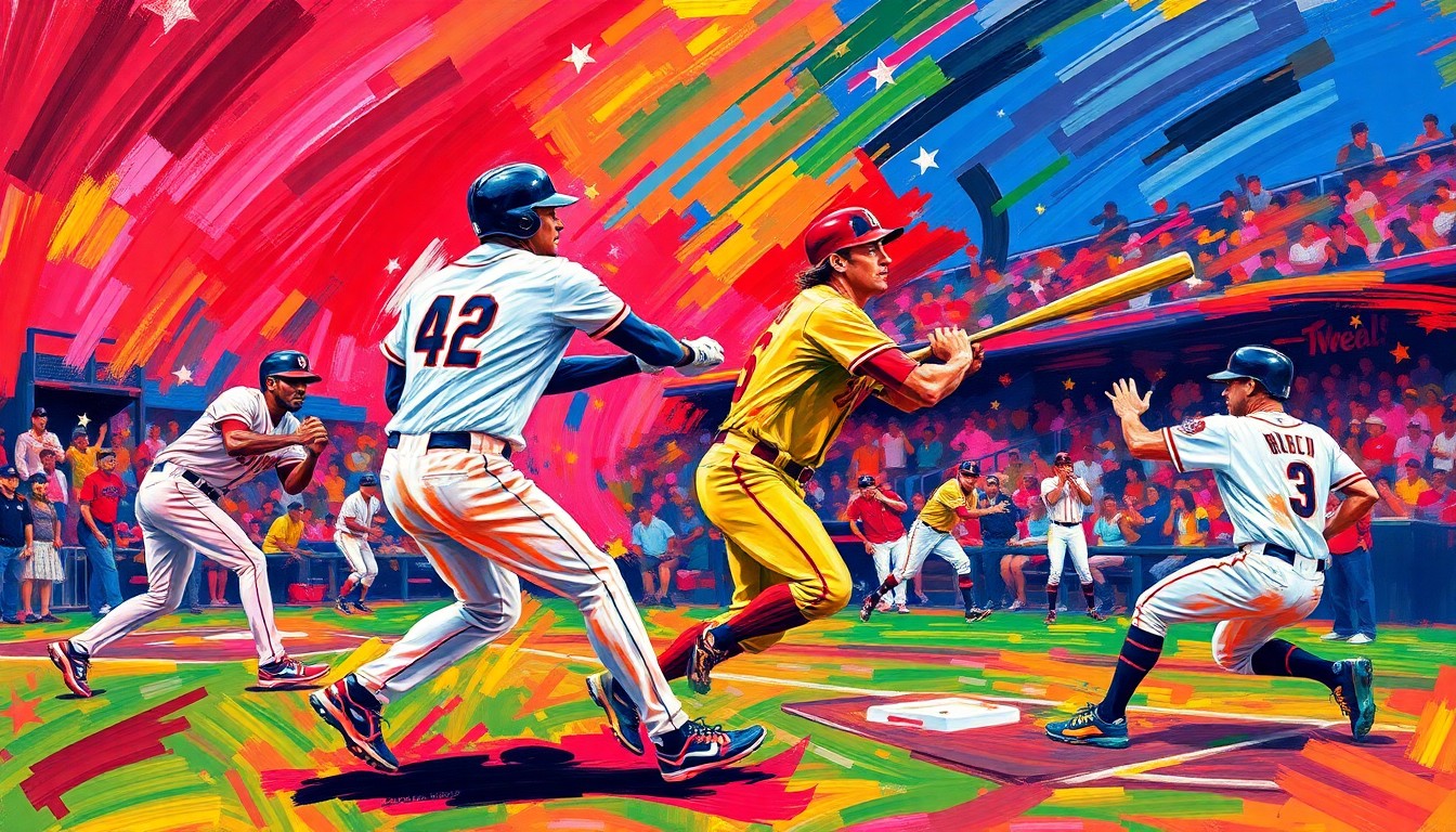 An abstract, expressionist painting in vibrant neon colors, with dynamic brushstrokes capturing the energy and intensity of a baseball game, players' forms dissolving into unrecognizable shapes.