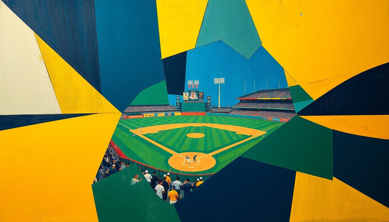 A cubist-style painting featuring overlapping geometric shapes and planes in navy, green, and yellow, conceptually representing the back-and-forth action of a baseball game.