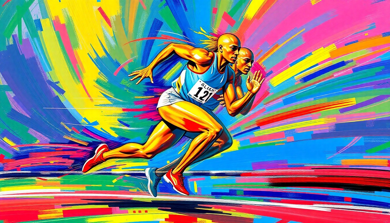 An abstract, expressionist painting in neon colors depicting the powerful, dynamic motion of a sprinter racing towards the finish line, capturing the energy and excitement of the state championships.
