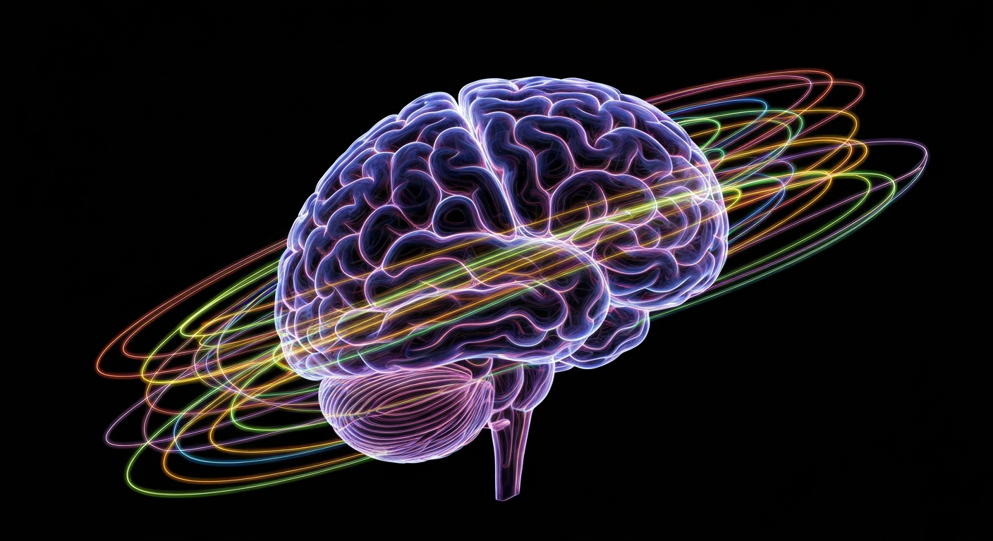 A minimalist neon outline of a human brain, with glowing lines of energy pulsing from it, conceptually illustrating the importance of brain health.