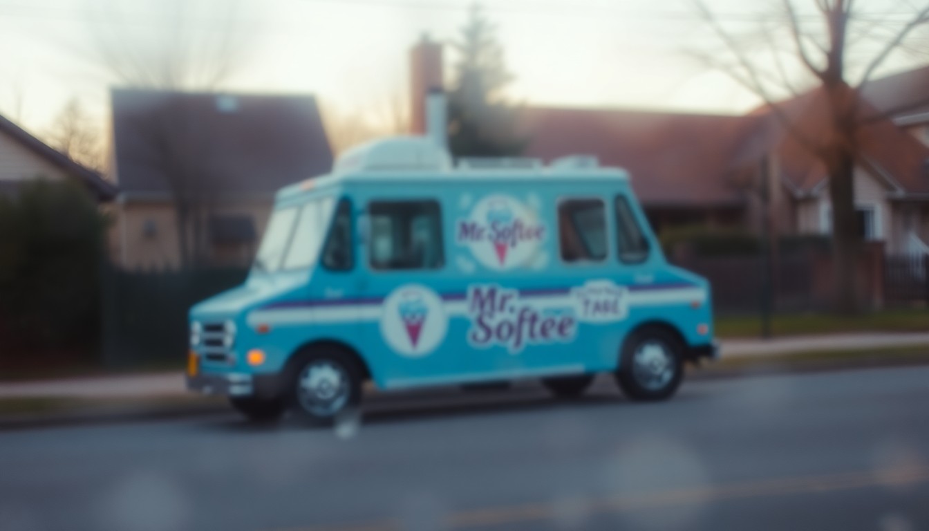 An impressionistic, out-of-focus photograph depicting the blurred silhouette of a classic Mr. Softee ice cream truck, its iconic colors and logo barely visible through a hazy, dreamlike wash of warm, soft light, conveying a sense of nostalgic summer memories.