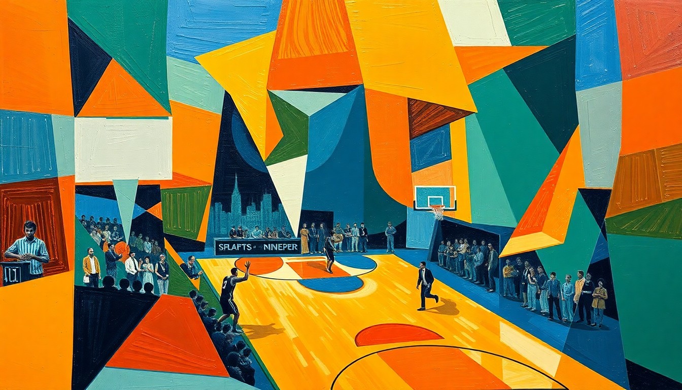 A cubist-style painting featuring sharp, overlapping geometric shapes in shades of orange, blue, and green, abstractly representing the dynamic movements and competitive spirit of a basketball game.