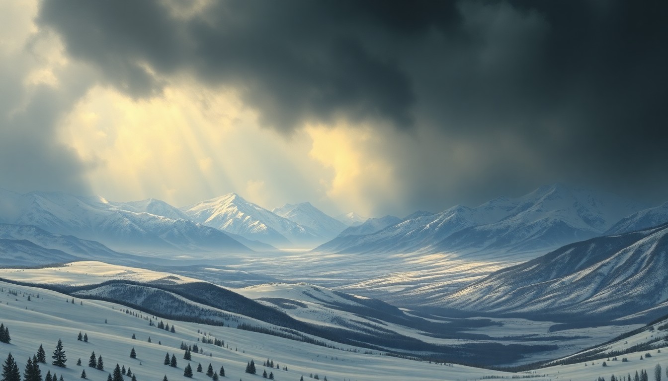 A sweeping, atmospheric landscape painting in muted tones of blue, gray, and white, depicting the majestic Colorado Front Range mountains under a heavy, foreboding sky, conveying the overwhelming power of the approaching winter storm.