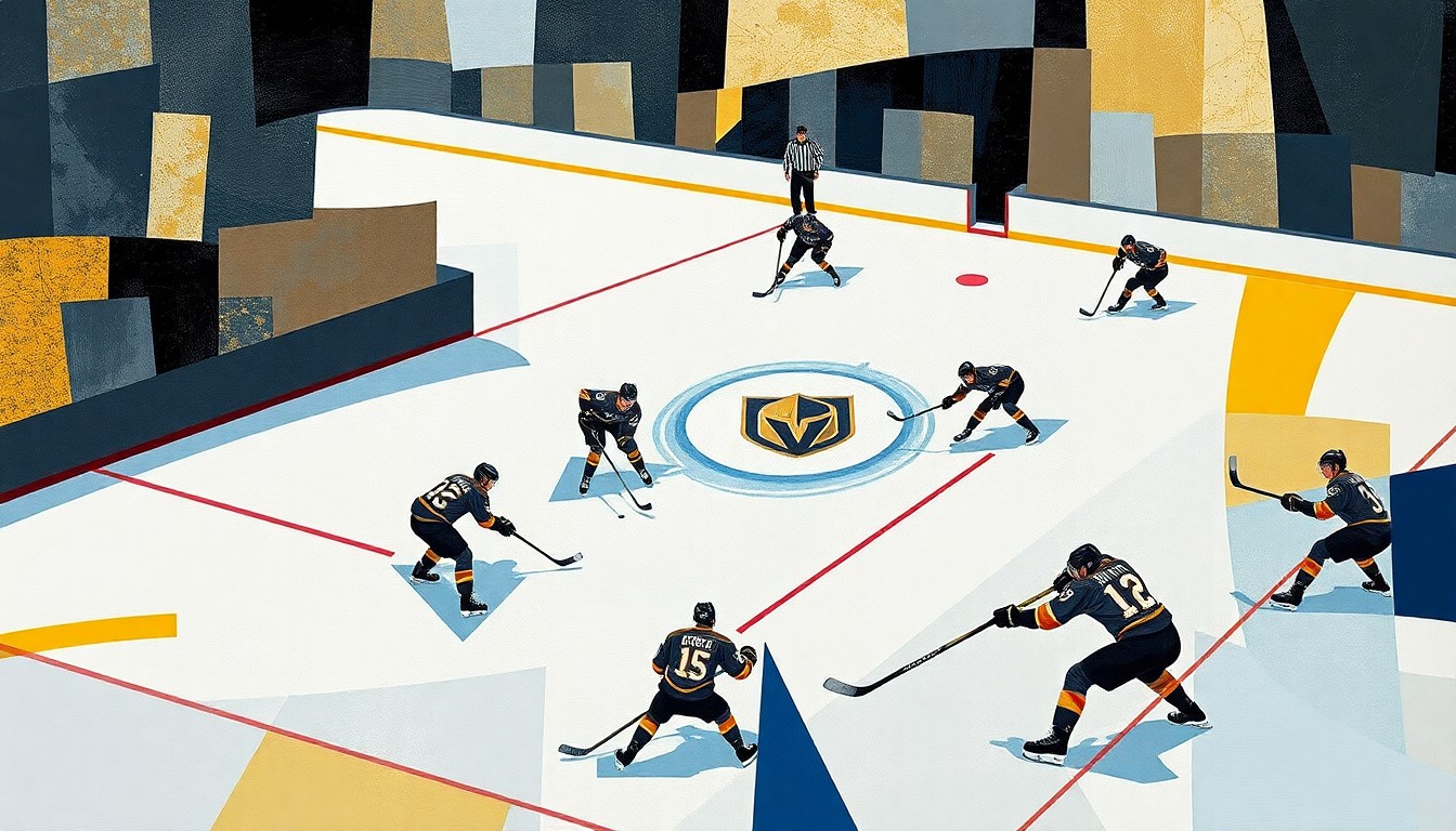 A cubist, geometric painting depicting fragmented hockey players, sticks, and pucks in the colors of the Vegas Golden Knights, conceptually representing the team's dynamic play and continued success.