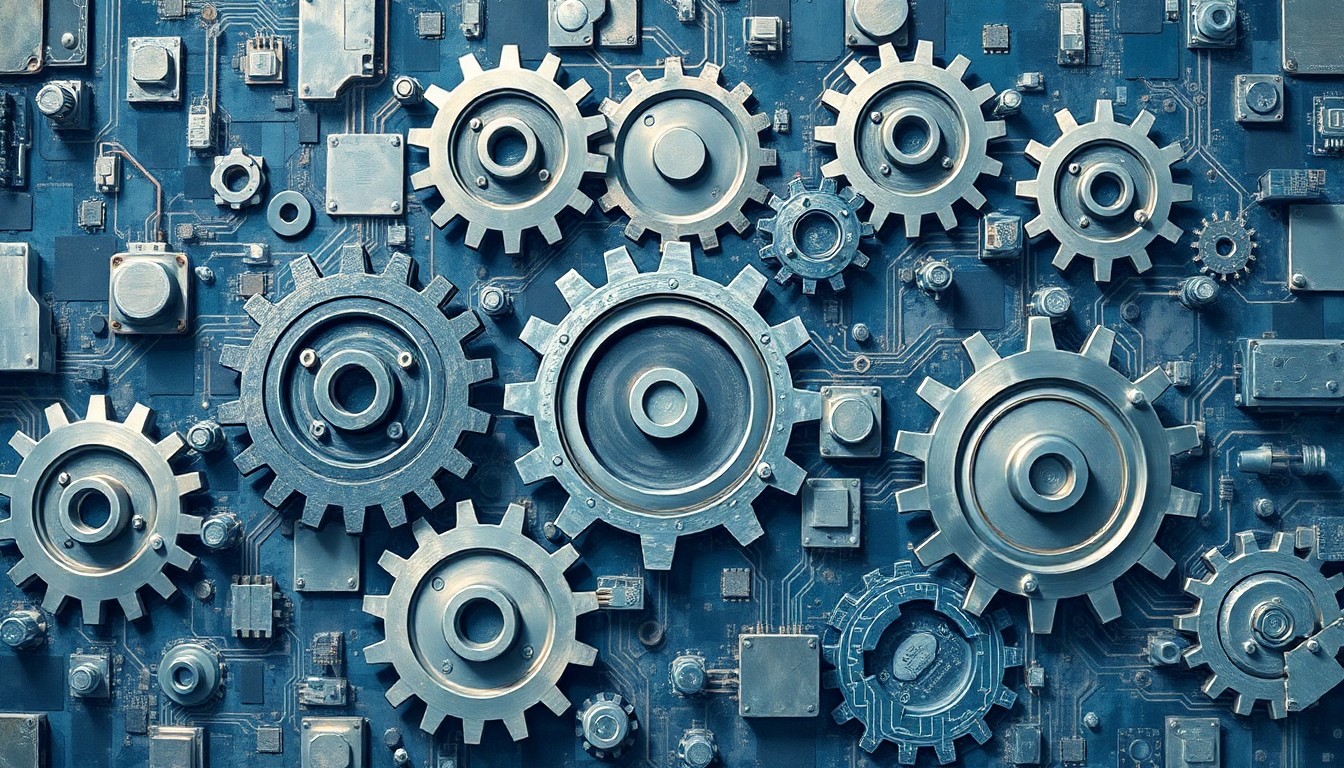 A vibrant, fractured painting depicting interlocking gears, circuits, and silicon wafers in shades of blue, grey, and metallic silver, conceptually representing the complex, interconnected global technology supply chain.