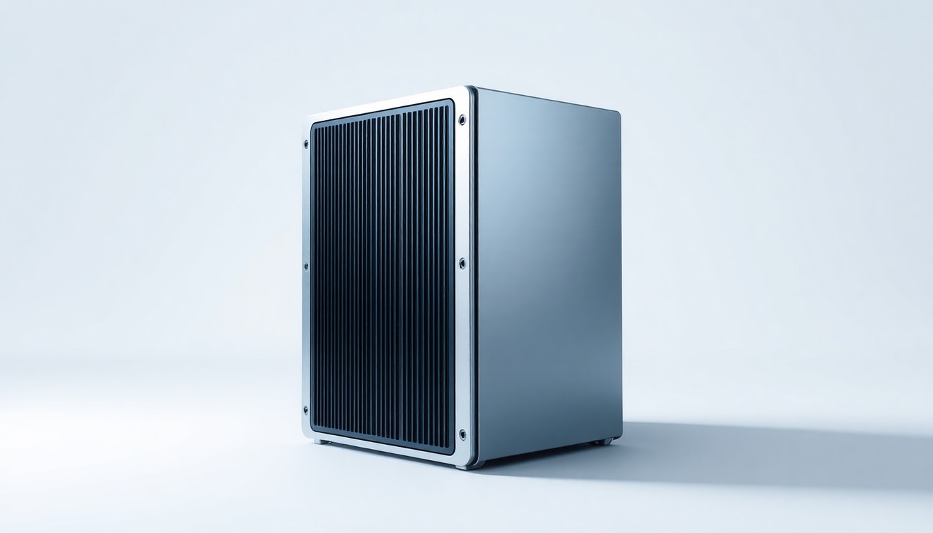 A photorealistic studio still-life photograph of a sleek, metallic data server tower resting on a clean, monochromatic background, conceptually representing the state's approach to data center development.