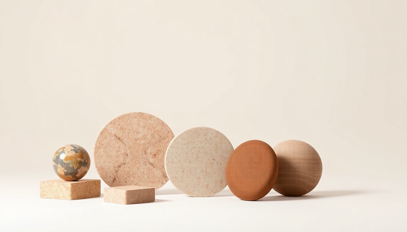 A minimalist studio still life photograph featuring a collection of geometric objects in muted earth tones, conceptually representing the various elements of a modern shopping mall experience.