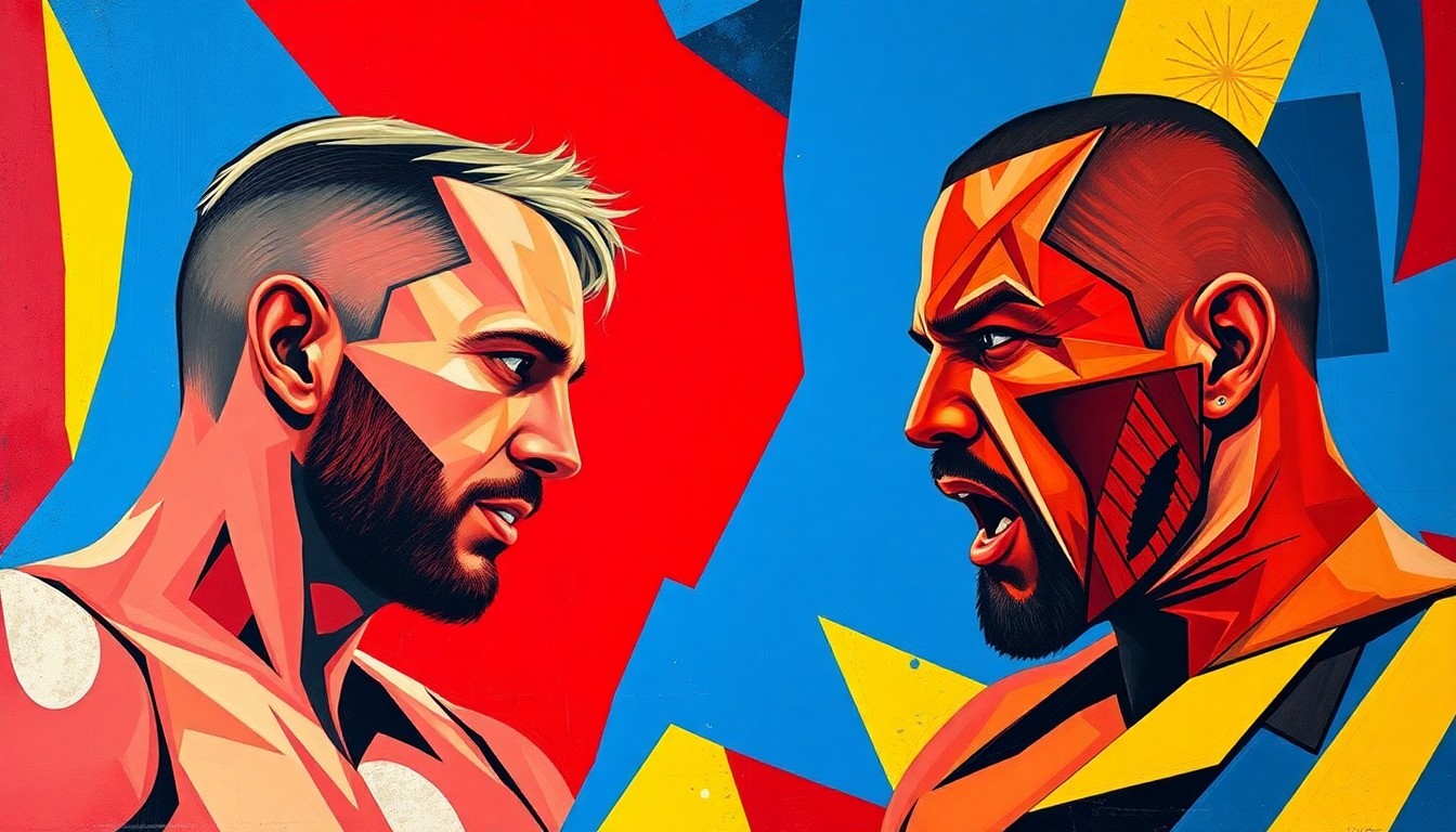 A cubist, fractured painting depicting the intense action of the AEW World Championship match between Darby Allin and MJF, with sharp geometric shapes and planes of vibrant red, blue, and yellow colors capturing the drama and energy of the title bout.