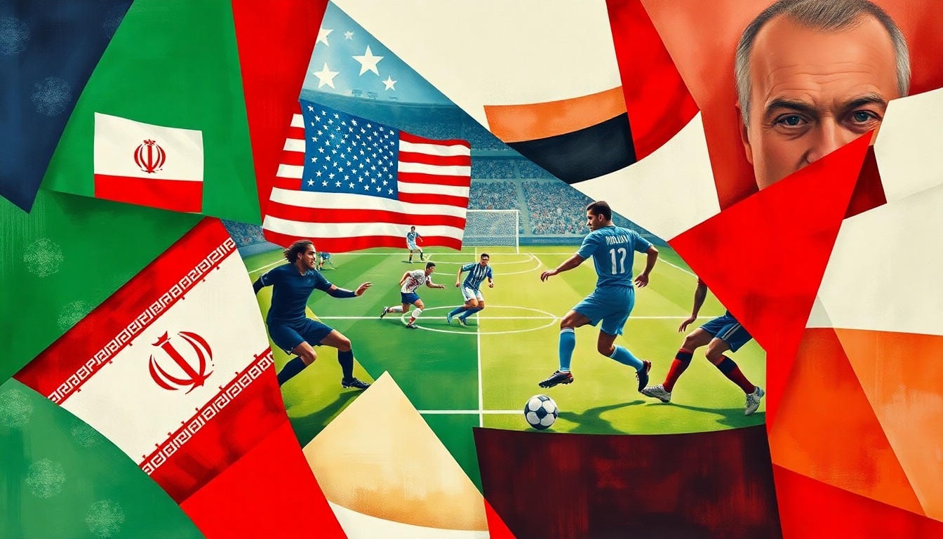 A cubist, geometric painting in shades of red, white, blue, green, and red, breaking down a soccer match or competition between the United States and Iran into sharp, overlapping angular shapes, conceptually representing the complex geopolitical tensions between the two countries.