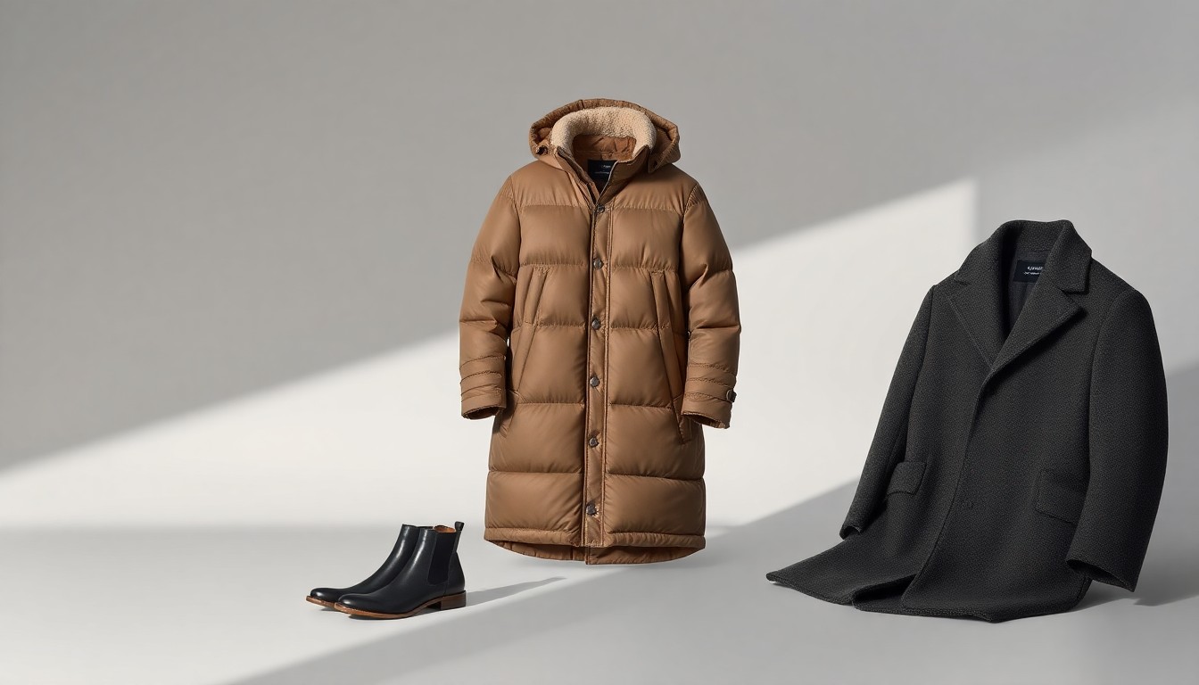 A high-end studio photograph showcasing a collection of elegant, premium outerwear pieces from the RUDSAK brand, including a leather jacket, a down-filled puffer coat, and a wool-blend winter coat, arranged on a clean, monochromatic background and lit dramatically to highlight their luxurious materials and craftsmanship.