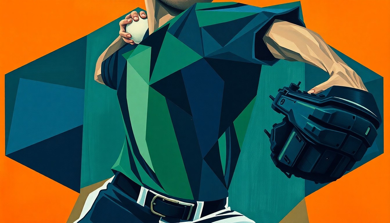 A cubist, geometric painting depicting a baseball pitcher's motion broken down into abstract, overlapping shapes and planes of navy, green, and orange, conveying the raw power and energy of a record-setting fastball.