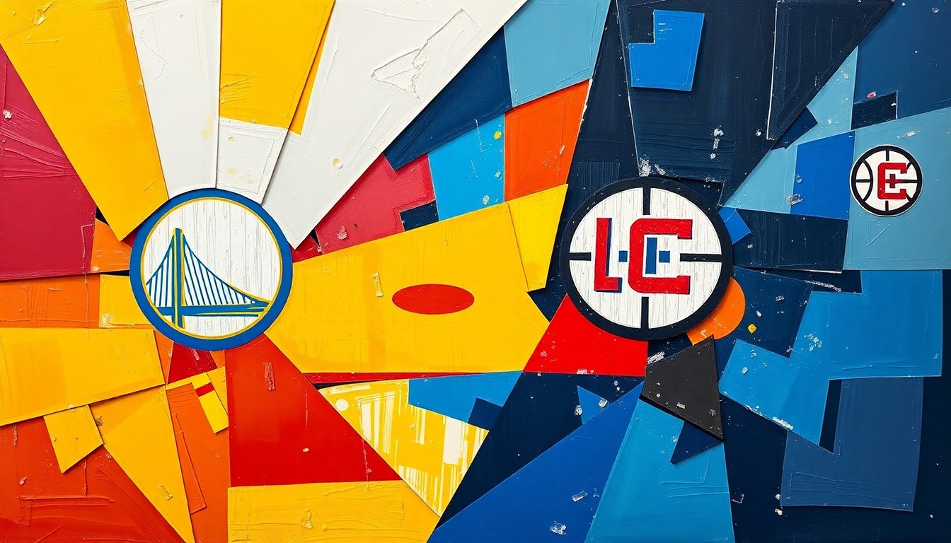 A cubist, geometric painting depicting a basketball game in progress, with sharp, overlapping planes of the Warriors' blue and gold colors and the Clippers' red and white colors, conveying the intensity and fractured nature of the play-in tournament matchup.