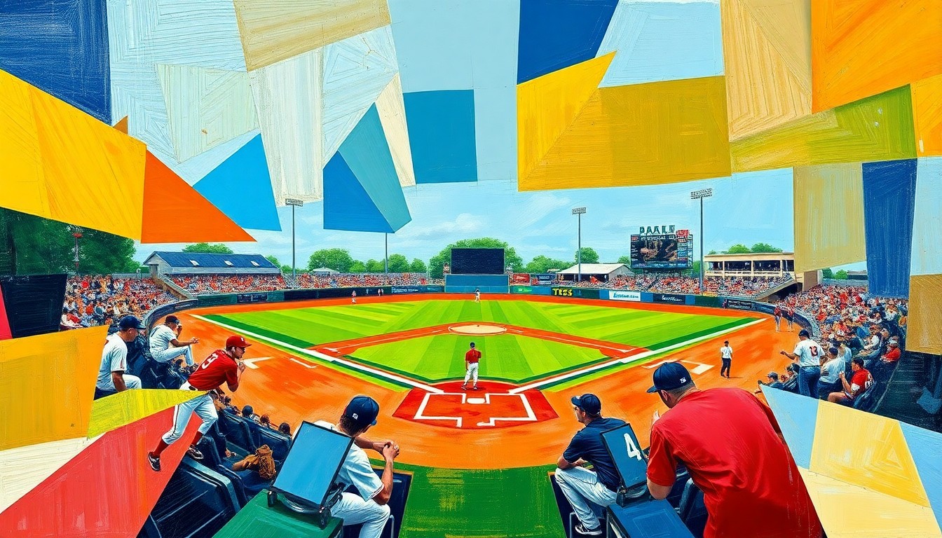 An abstract, cubist-style painting depicting a high school baseball game, with the players, field, and equipment broken down into sharp, overlapping geometric shapes and planes of vibrant colors.
