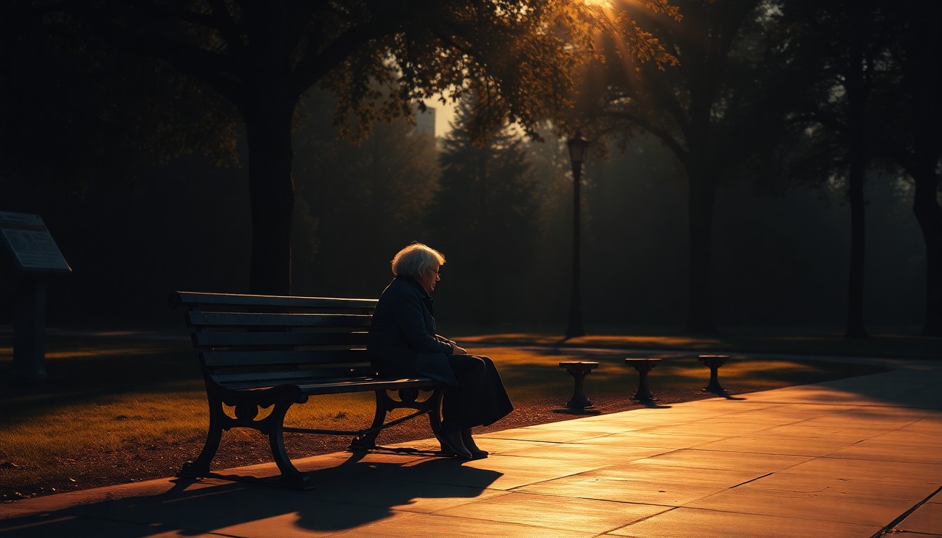 A softly lit, painterly scene of an elderly woman sitting alone on a park bench, her face partially obscured by shadows, conveying a sense of loneliness and vulnerability.
