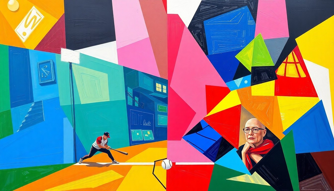 A vibrant, cubist-style painting depicting a softball game broken down into sharp, overlapping geometric shapes and planes of bright colors, capturing the explosive energy and competitive spirit of the Bonita-Glendora matchup.
