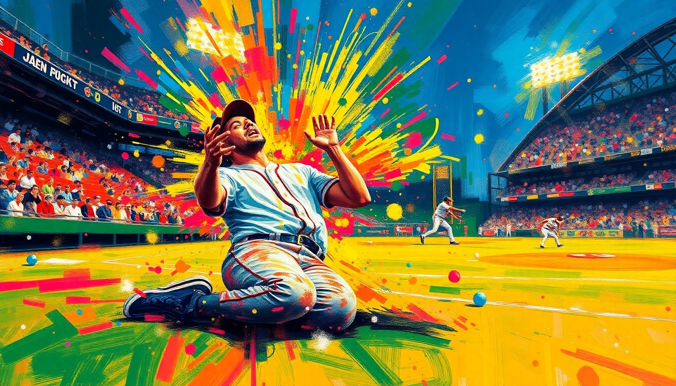 An abstract, expressionist painting in vibrant neon colors depicting the dramatic collapse of a baseball anthem singer on the field, with the stadium and crowd blurred into a chaotic swirl of brushstrokes.