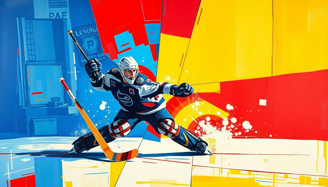A cubist, geometric painting depicting a hockey goaltender making a save, with sharp, overlapping planes of vibrant blue, red, and yellow colors.