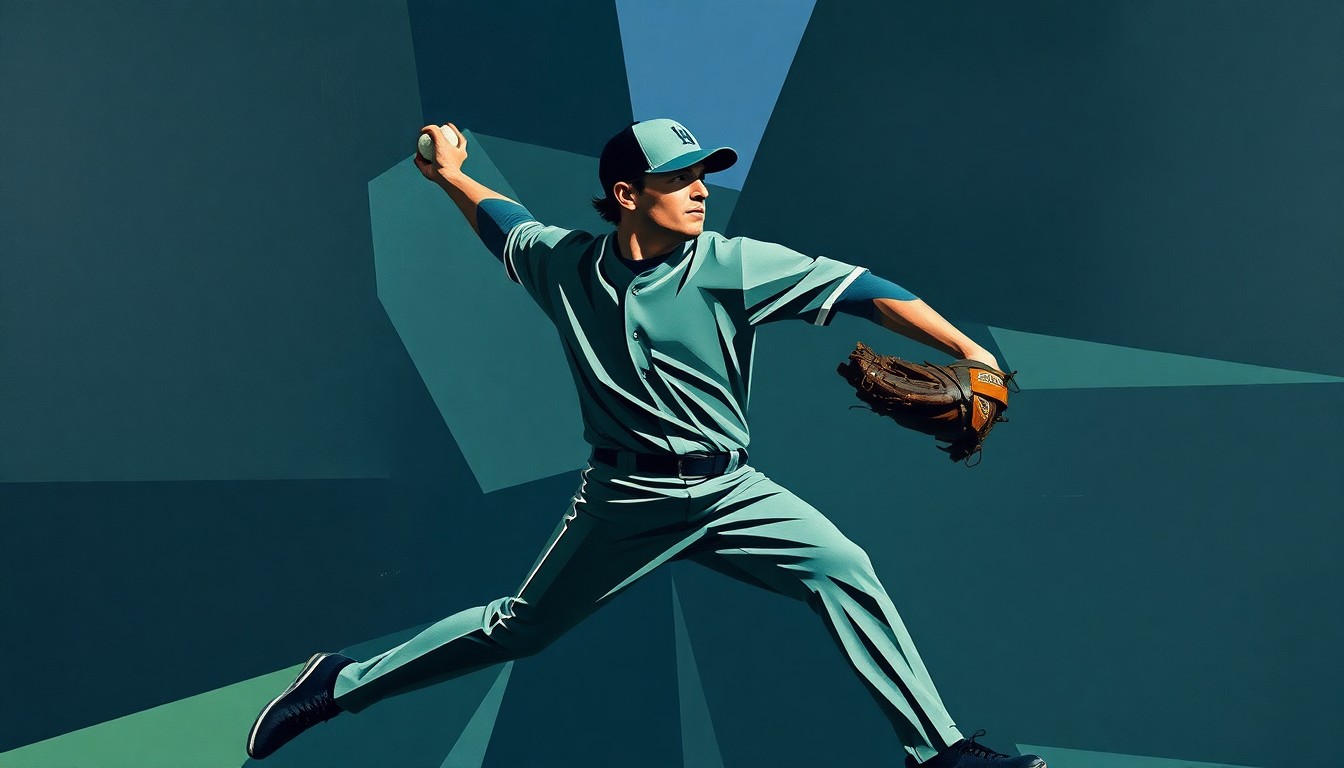 A cubist-style painting featuring sharp, overlapping geometric shapes in navy, green, and grey, abstractly representing a baseball pitcher's throwing motion and the physical strain of an elbow injury.