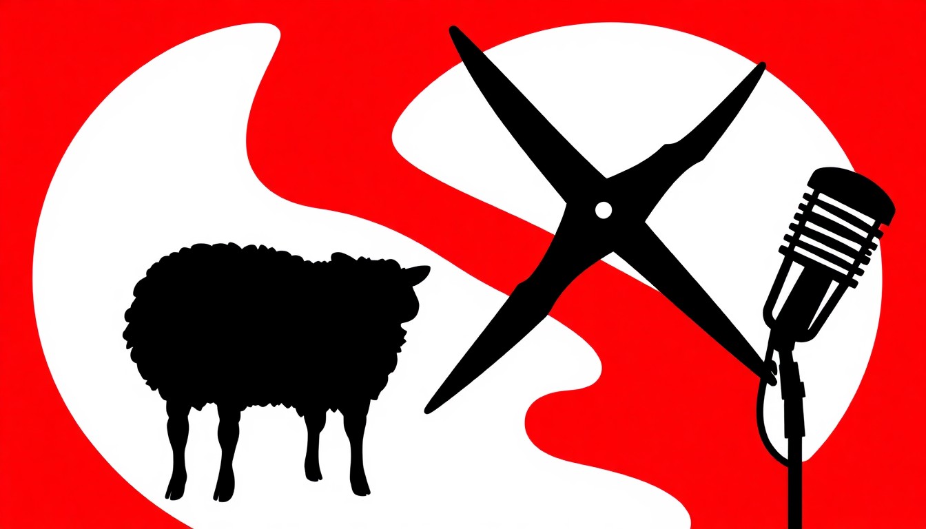 An abstract, minimalist illustration composed of black silhouettes of a sheep, a pair of shears, and a microphone, set against a high-contrast background of solid red and white colors, conceptually representing the sheep-themed comedy film starring Backstreet Boy AJ McLean.