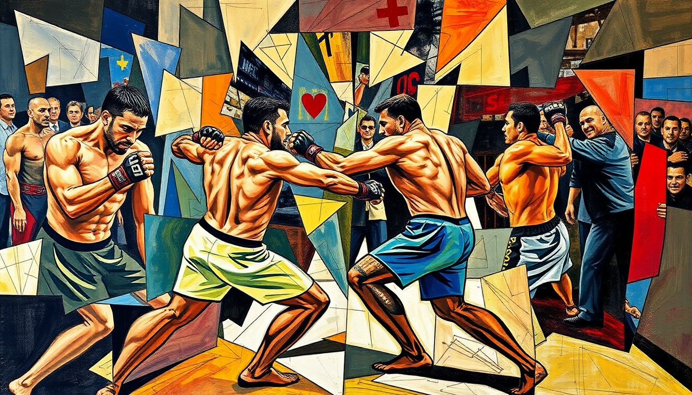 A cubist, geometric painting depicting the intense action of a UFC championship match, with fighters' limbs and bodies fractured into sharp, overlapping planes of color and movement.