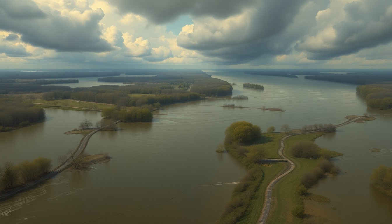 A sweeping landscape painting in muted blues, greens, and greys, depicting a flooded river valley with partially submerged trails and vegetation, conveying the sublime scale and power of the natural disaster.