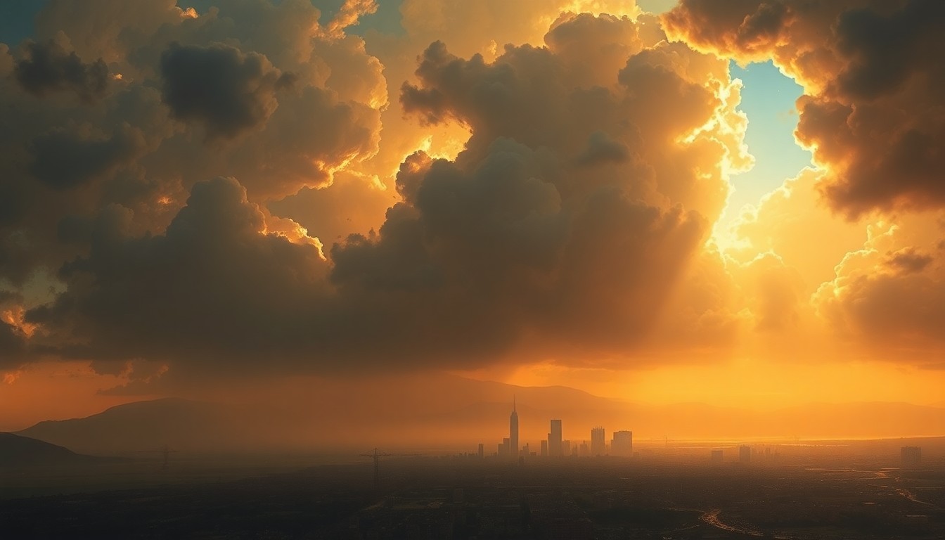 A sweeping, atmospheric landscape painting in muted tones of orange, yellow, and grey, depicting the Baltimore skyline dwarfed by a vast, hazy sky filled with dramatic light and shadow, conveying the overwhelming scale and power of extreme weather.