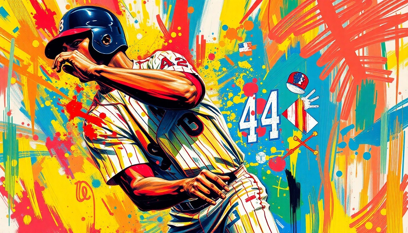 An extreme close-up of a baseball catcher's gear, with the number 42 and other imagery honoring Jackie Robinson rendered in a vibrant, expressionist painting style using bold brushstrokes and neon colors.