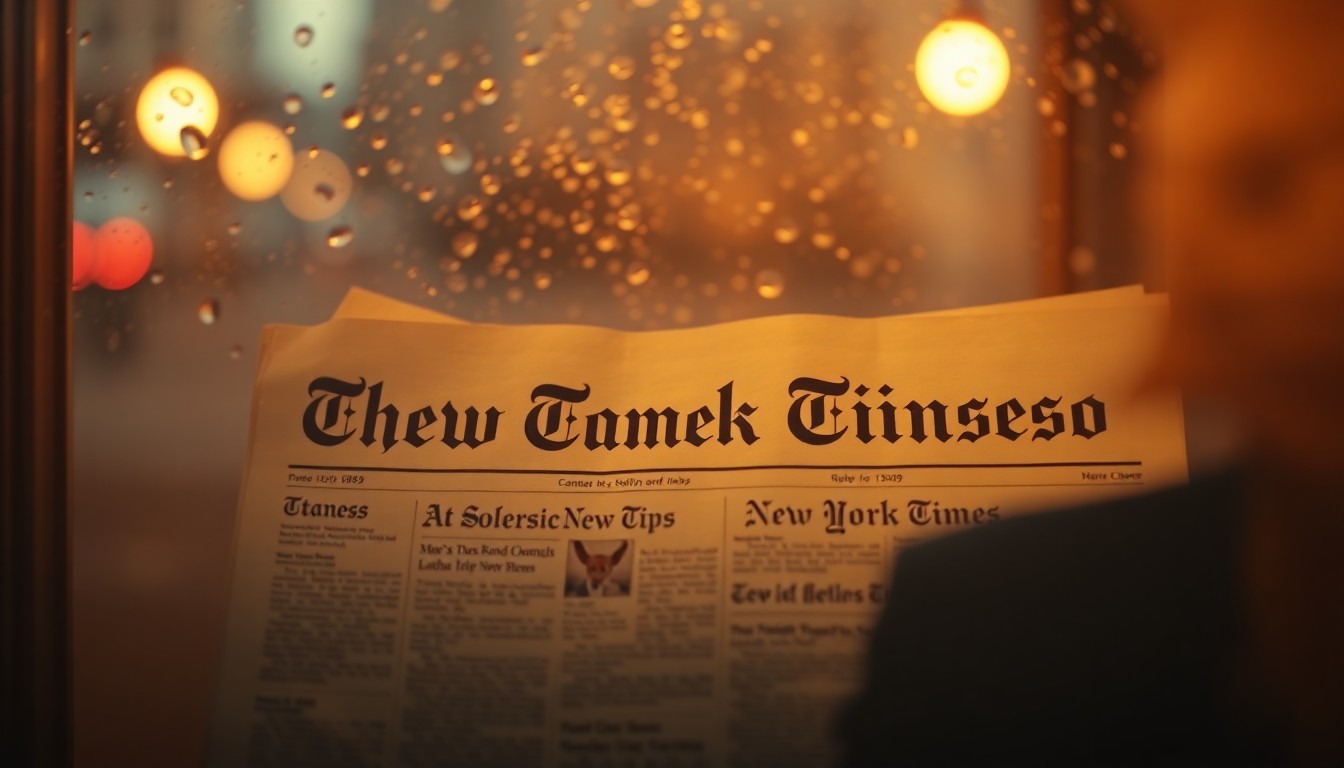 An extremely abstracted, out-of-focus photograph of a newsstand or newspaper rack, with the pages of the New York Times visible through rain-streaked glass. The image is composed entirely of warm, hazy pools of color and light, creating a reflective, introspective mood.