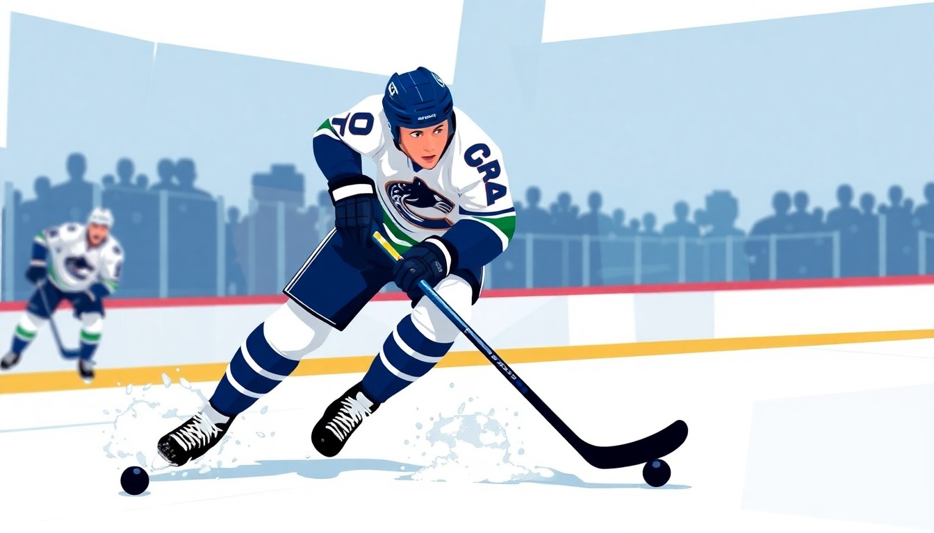 A fractured, multi-perspective painting depicting a young hockey player in motion, with sharp, overlapping geometric planes that deconstruct the action on the ice.