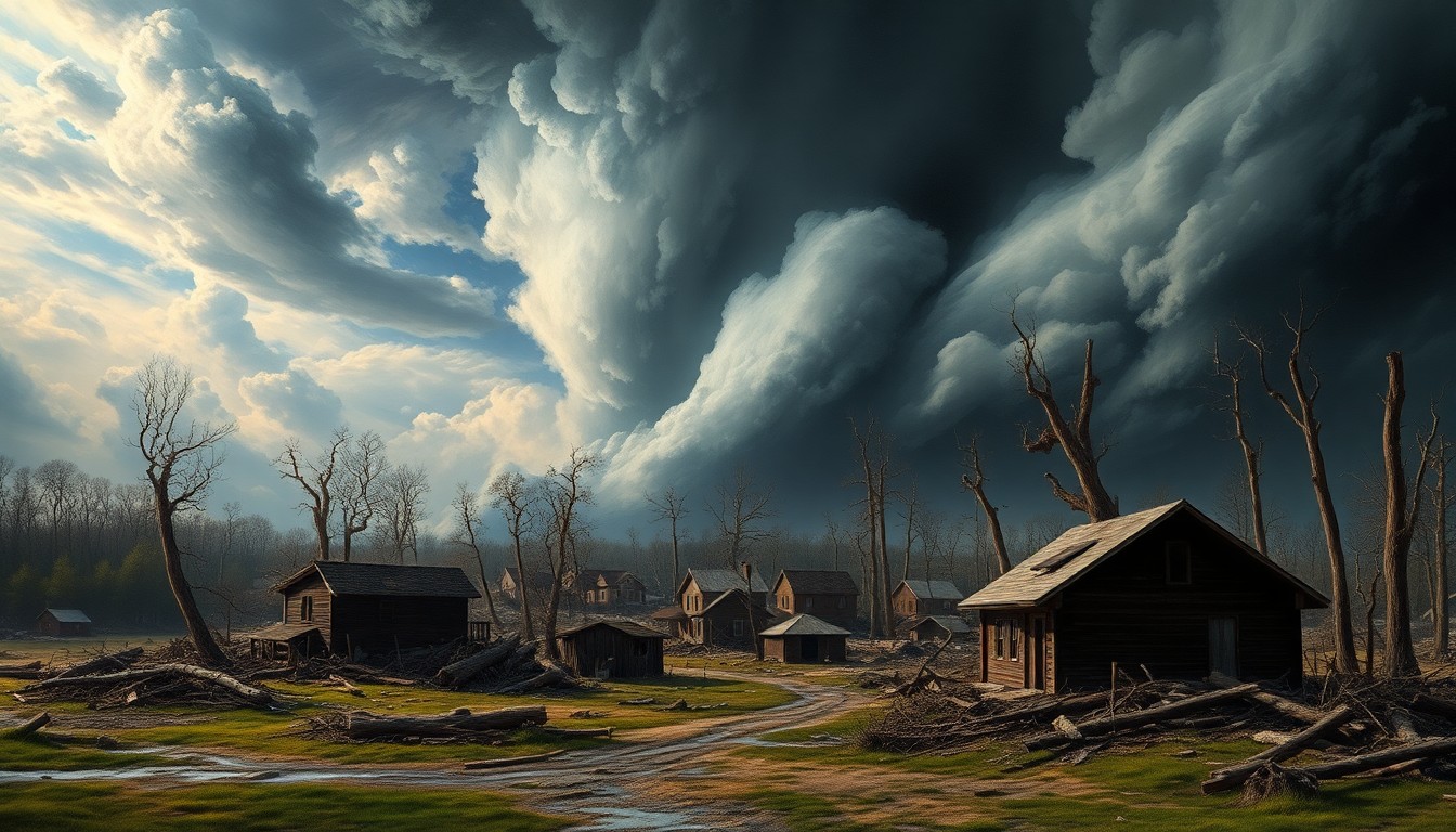 A sweeping, atmospheric landscape painting depicting the aftermath of a tornado in Sussex, with the twisted remains of damaged buildings and uprooted trees dwarfed by the overwhelming, sublime scale of the natural disaster.