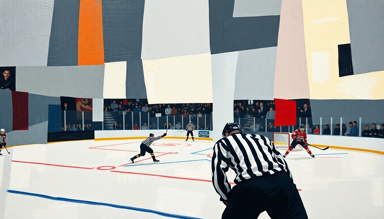 A cubist, geometric painting depicting a hockey game broken down into overlapping planes of color and shape, conveying the complexity and intensity of the upcoming Stanley Cup Playoffs.