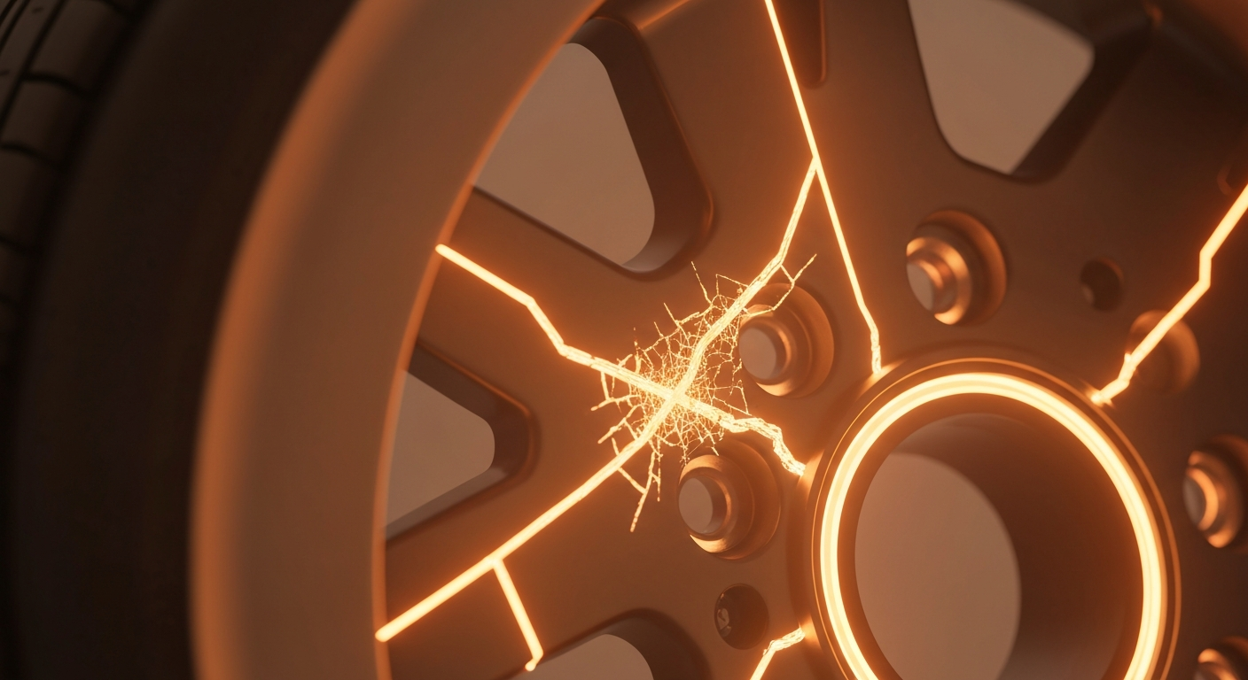 A ghostly, translucent X-ray photograph revealing the internal structure of a damaged electric scooter wheel, with glowing lines tracing the fractured components, conceptually illustrating the serious injuries caused by e-bike and e-scooter accidents.