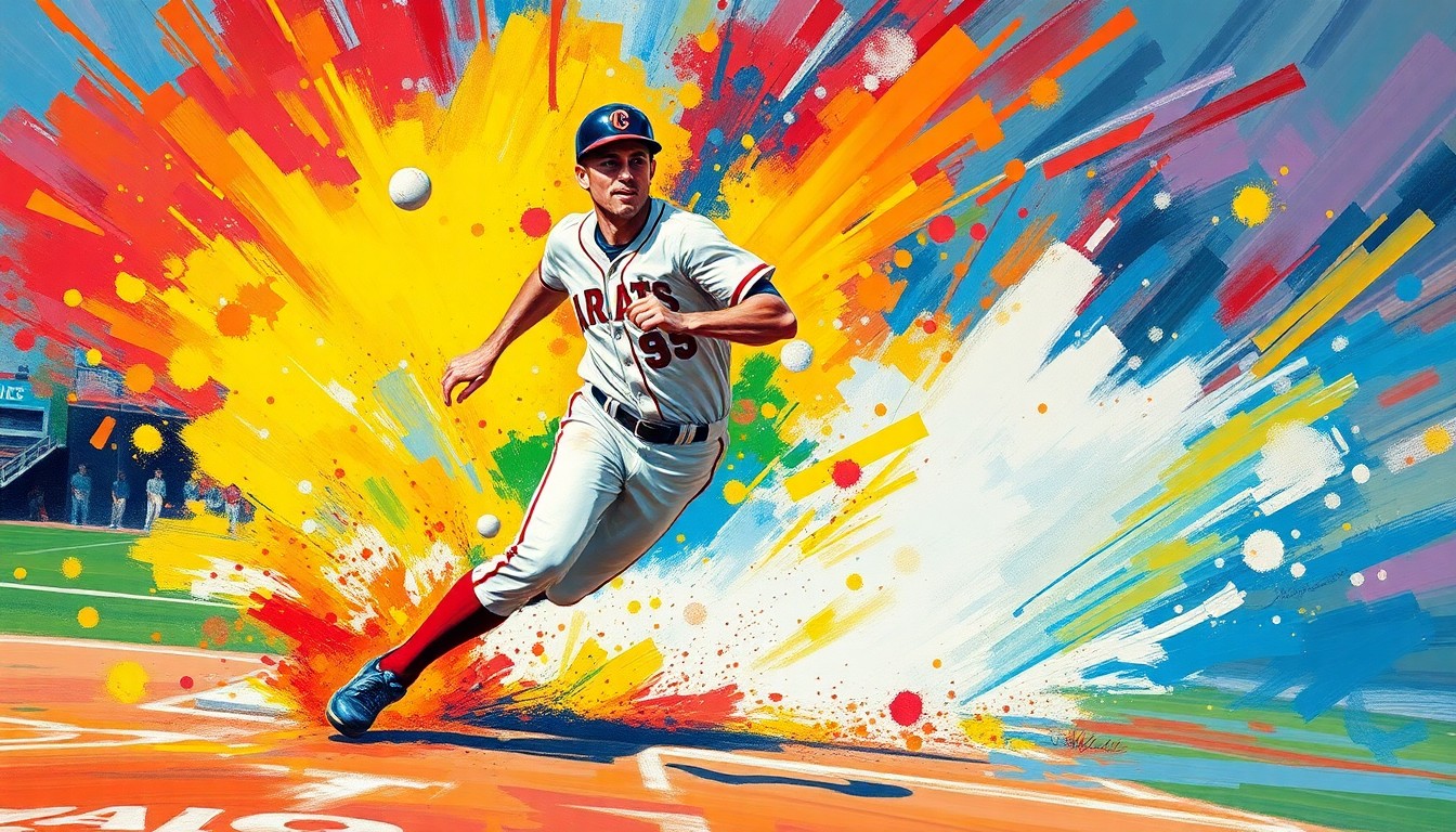 A dynamic, abstract painting in neon colors depicting the blurred motion and energy of a baseball player rounding the bases for an inside-the-park home run.