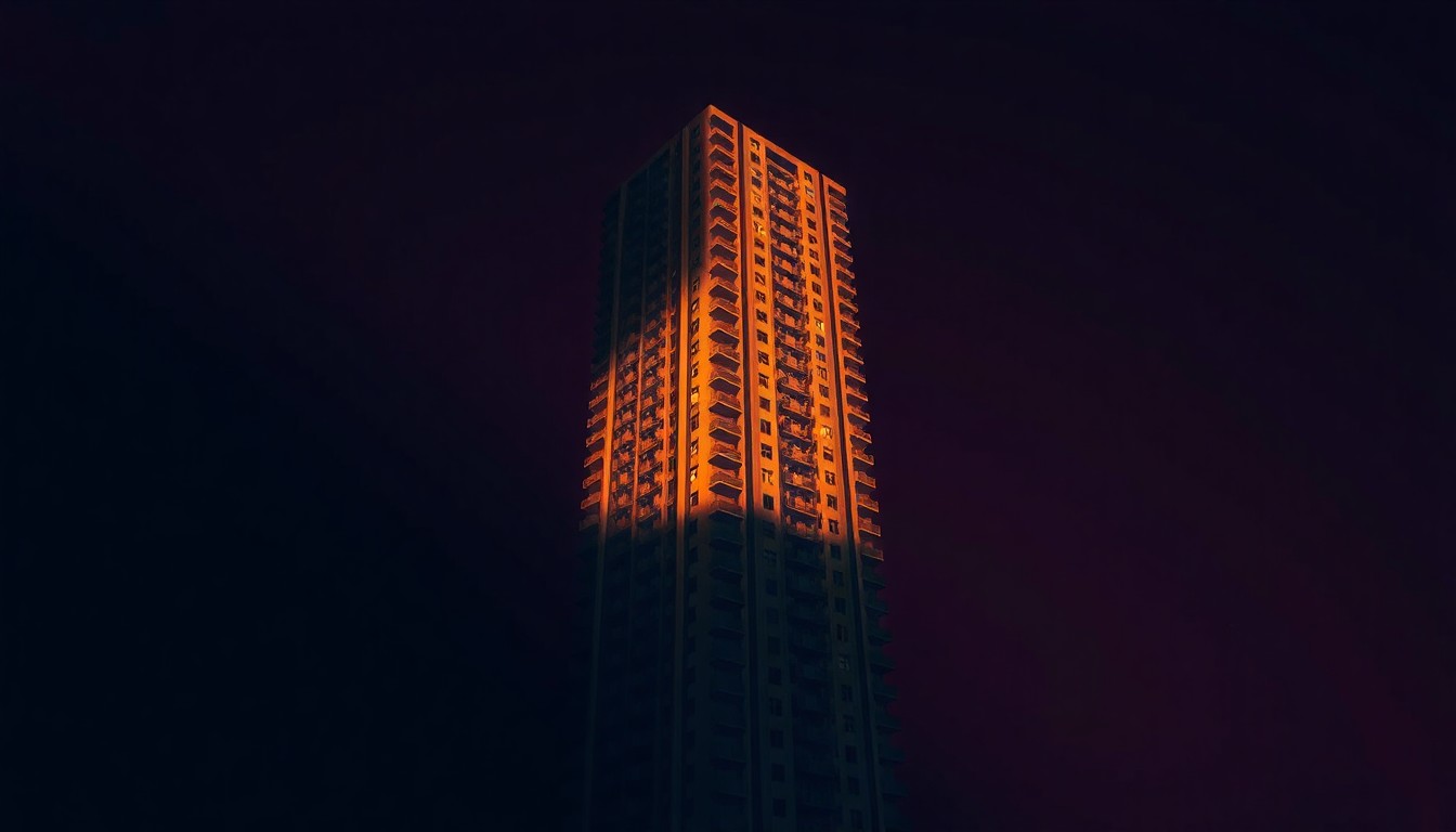 A photorealistic painting of a tall, sleek glass and steel high-rise apartment building in New York City, with the building bathed in warm, golden sunlight from one side and deep shadows on the other, creating a sense of solitude and quiet contemplation.