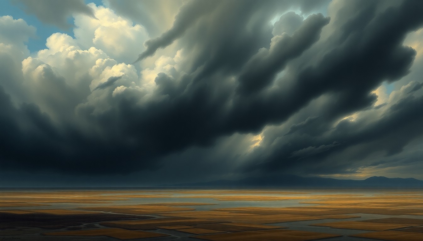 A sweeping, atmospheric landscape painting in muted tones of grey, blue, and green, depicting a vast, stormy sky with dark, ominous clouds hovering over a flat, flooded plain, conveying the overwhelming power of nature.