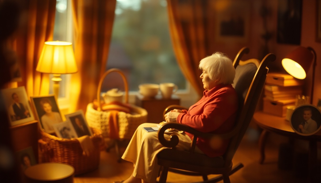 An impressionistic, out-of-focus scene depicting an elderly woman in a rocking chair, surrounded by blurred shapes representing the comforts and memories of a lifetime in a small town.
