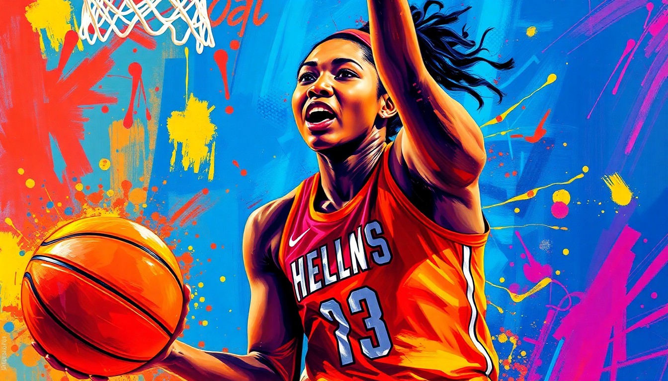 An abstract, expressionist painting in vibrant neon colors depicting the dynamic movement and raw energy of a basketball player driving to the hoop, their face and jersey dissolving into unrecognizable splatters of paint.
