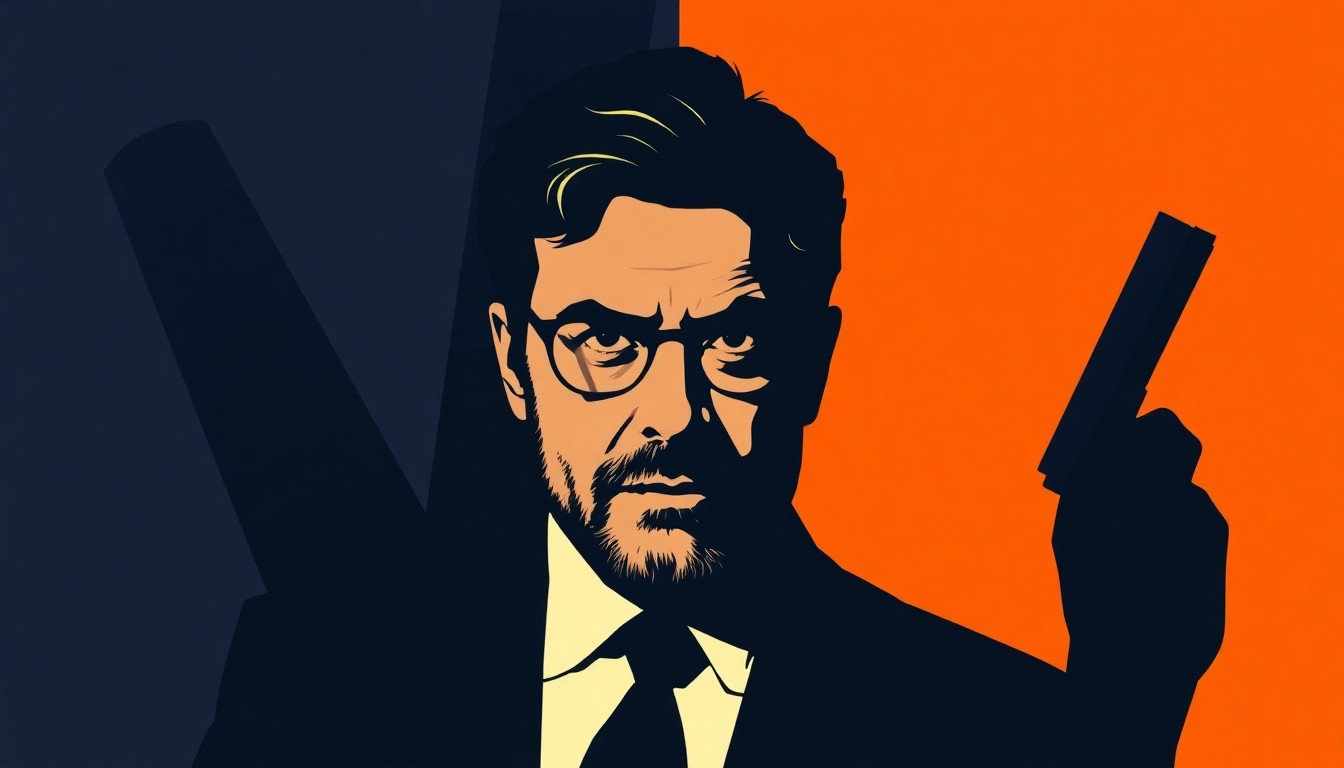An abstract, minimalist illustration featuring sharp, jagged geometric shapes in deep navy blue and bright orange, conveying the dramatic shift in tone from LeBlanc's comedic background to his new gritty cop drama role.