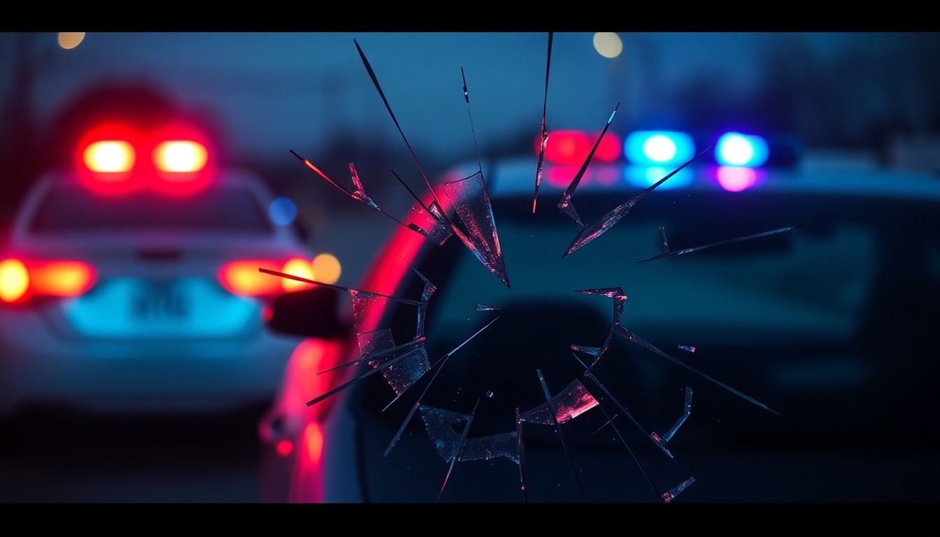 An extreme close-up photograph of a shattered car window reflecting the red and blue flashing lights of a police car in the distance, creating a stark, gritty, and investigative aesthetic without any text or other visual elements.