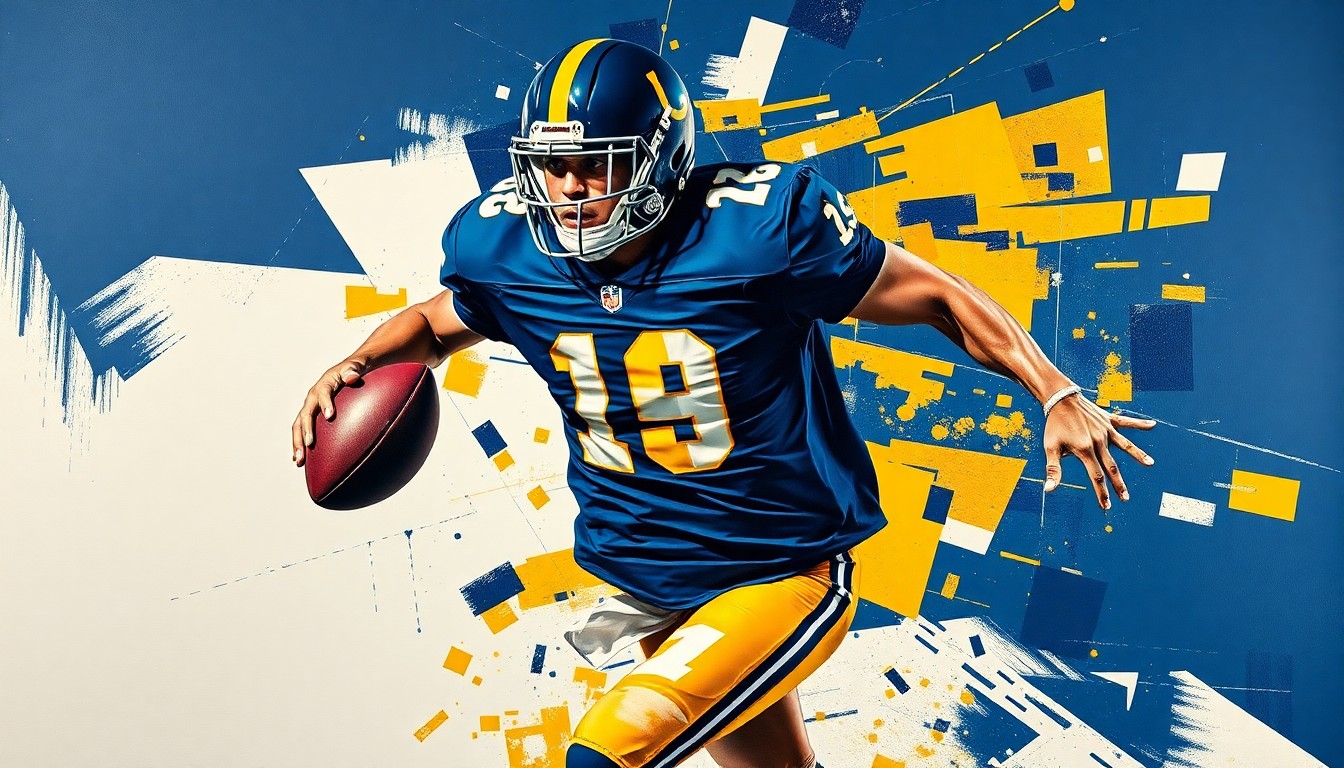 A fragmented, geometric painting depicting a football player in motion, with sharp planes of navy blue, gold, and white overlapping to create a dynamic, abstract composition.