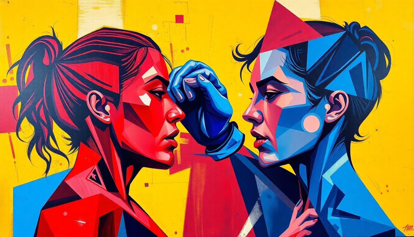 A fragmented, geometric painting depicting the intense action and energy of a women's MMA fight, with sharp planes of color and form representing the combatants.