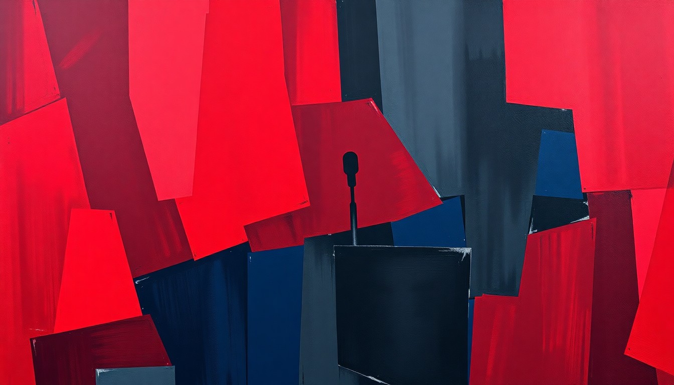 A highly stylized, abstract painting in deep red, navy, and charcoal tones, featuring a fragmented and distorted image of a political podium or lectern, conveying the fractured and divisive nature of the debate over former Trump supporters.