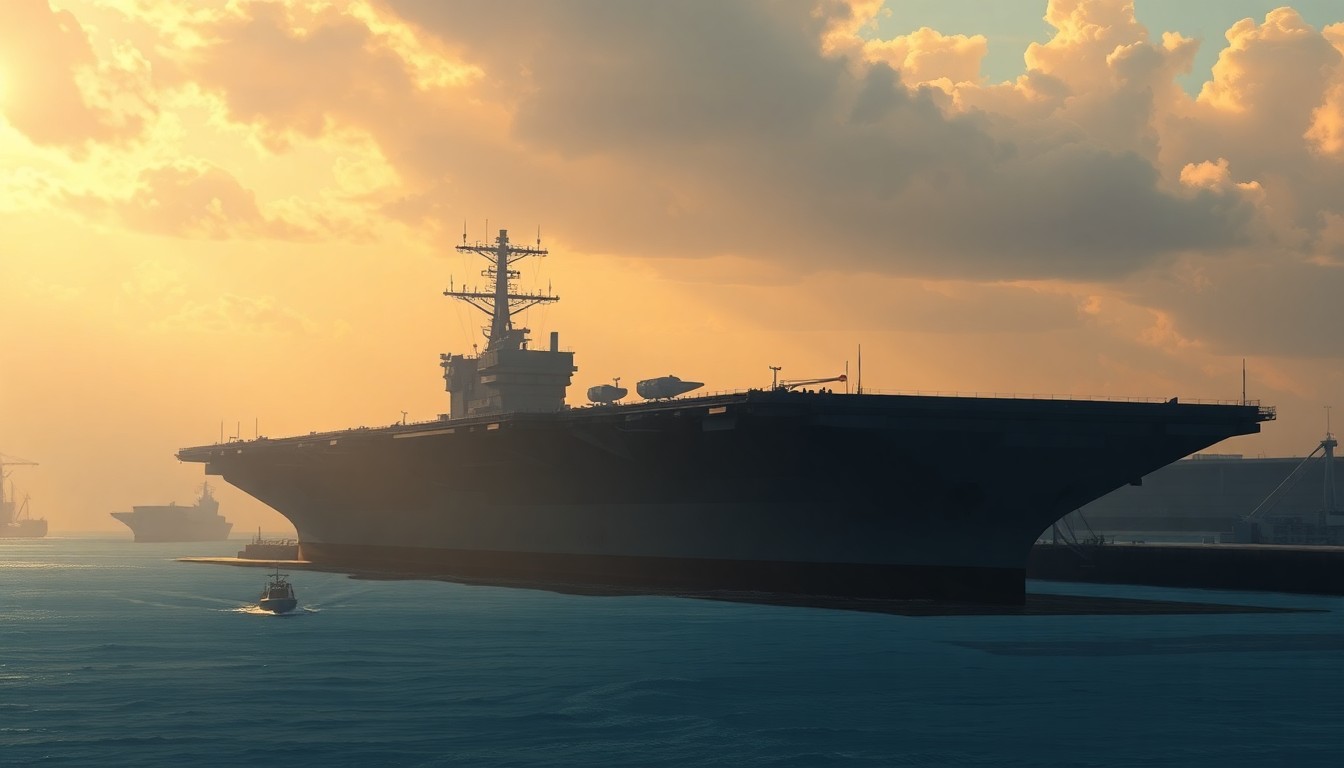 A serene, cinematic painting of the USS Gerald R. Ford aircraft carrier docked in port, with warm sunlight casting deep shadows across the ship's hull and deck, conveying a sense of quiet contemplation about the demands placed on the U.S. Navy's carrier operations.